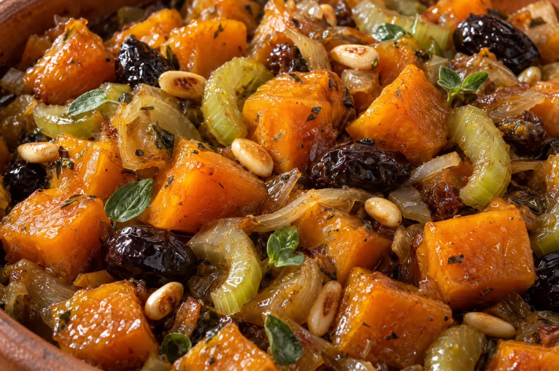 Close-up van caponata di zucca met glanzende blokjes pompoen, bleekselderij, zwarte olijven en pijnboompitten