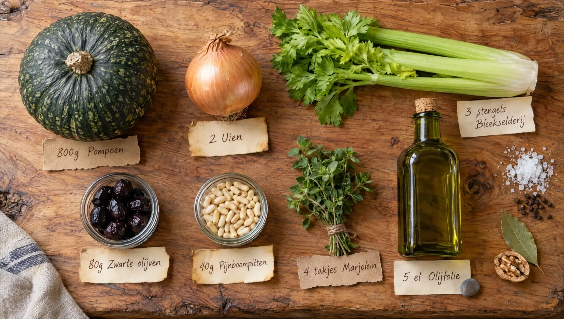 Ingrediënten voor caponata di zucca: pompoen, uien, bleekselderij, zwarte olijven, pijnboompitten, marjolein en olijfolie