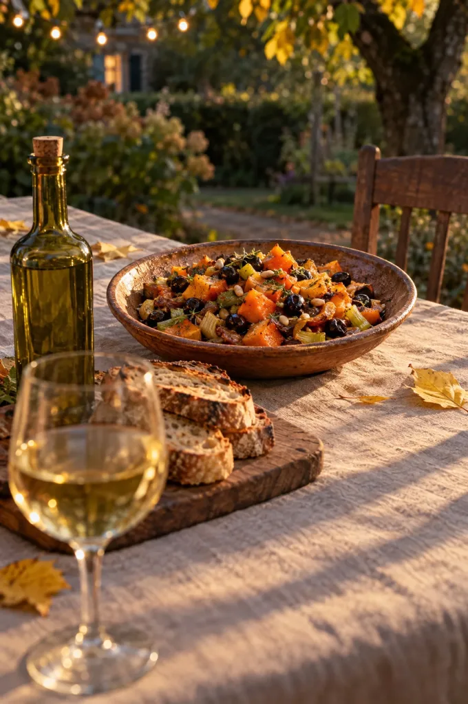Tafel met caponata di zucca in een aardewerken schaal, geroosterd brood en een glas witte wijn in herfstlicht