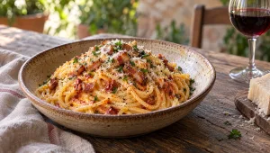 Carbonara met nduja: spaghetti met romige eidooiercrème, krokante guanciale en oranjerode nduja, bestrooid met pecorino en peterselie