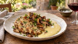 Carpaccio van pretzelknoedel: plakken knoedel met gebakken eekhoorntjesbrood en warme kaasfondue van Tilsiter op een bord