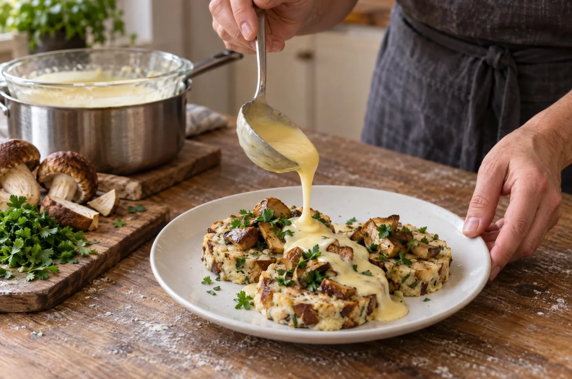 Carpaccio van pretzelknoedel van dichtbij: plakken knoedel met eekhoorntjesbrood, peterselie en warme fondue van Tilsiter