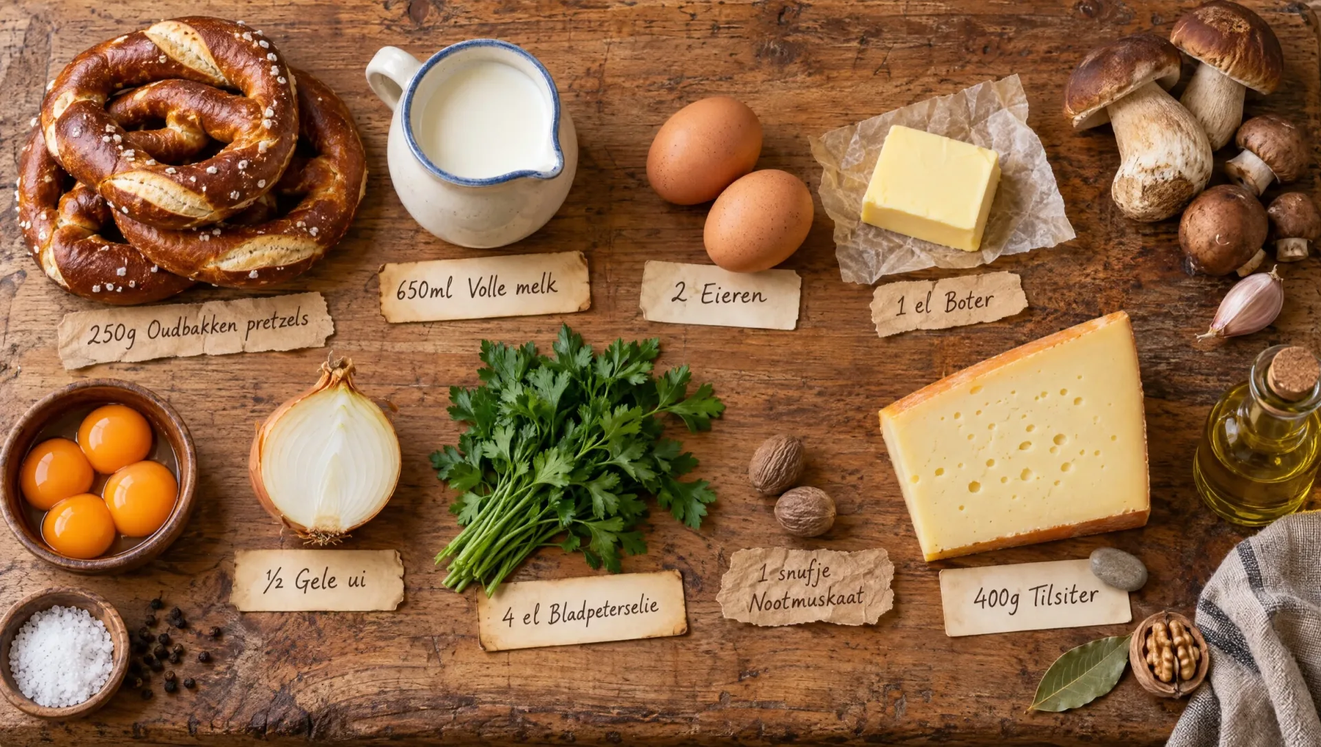 Ingrediënten voor carpaccio van pretzelknoedel: pretzels, Tilsiter, eekhoorntjesbrood, champignons, eieren en peterselie