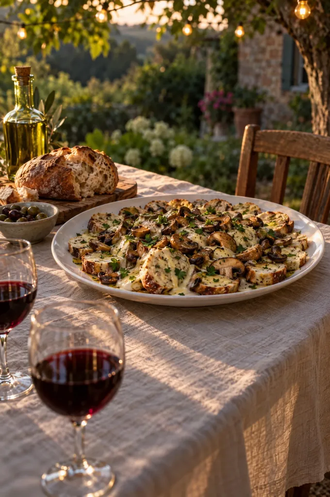 Carpaccio van pretzelknoedel op een gedekte tuintafel met brood, olijfolie, olijven en rode wijn