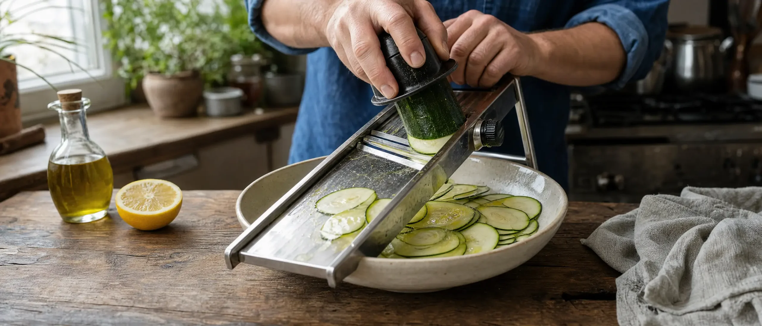 Persoon snijdt courgette in dunne plakjes met mandoline