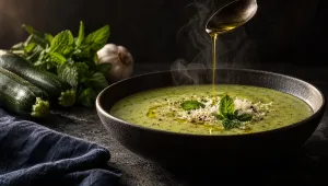 Courgettesoep met munt in een donkere aardewerken kom, dampend, met een draad olijfolie, ricotta salata en munt, naast courgettes en knoflook