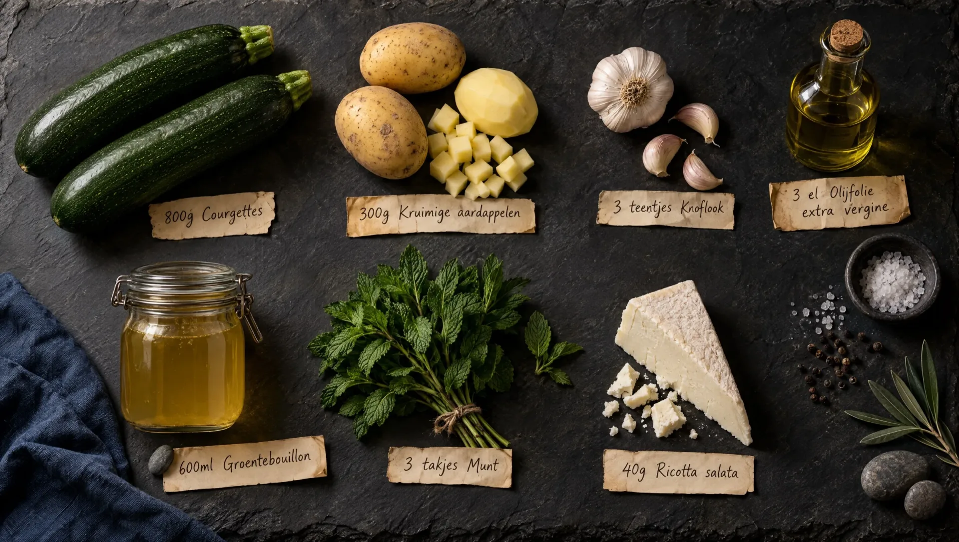 Ingrediënten voor courgettesoep met munt: courgettes, kruimige aardappelen, knoflook, verse munt, olijfolie en ricotta salata