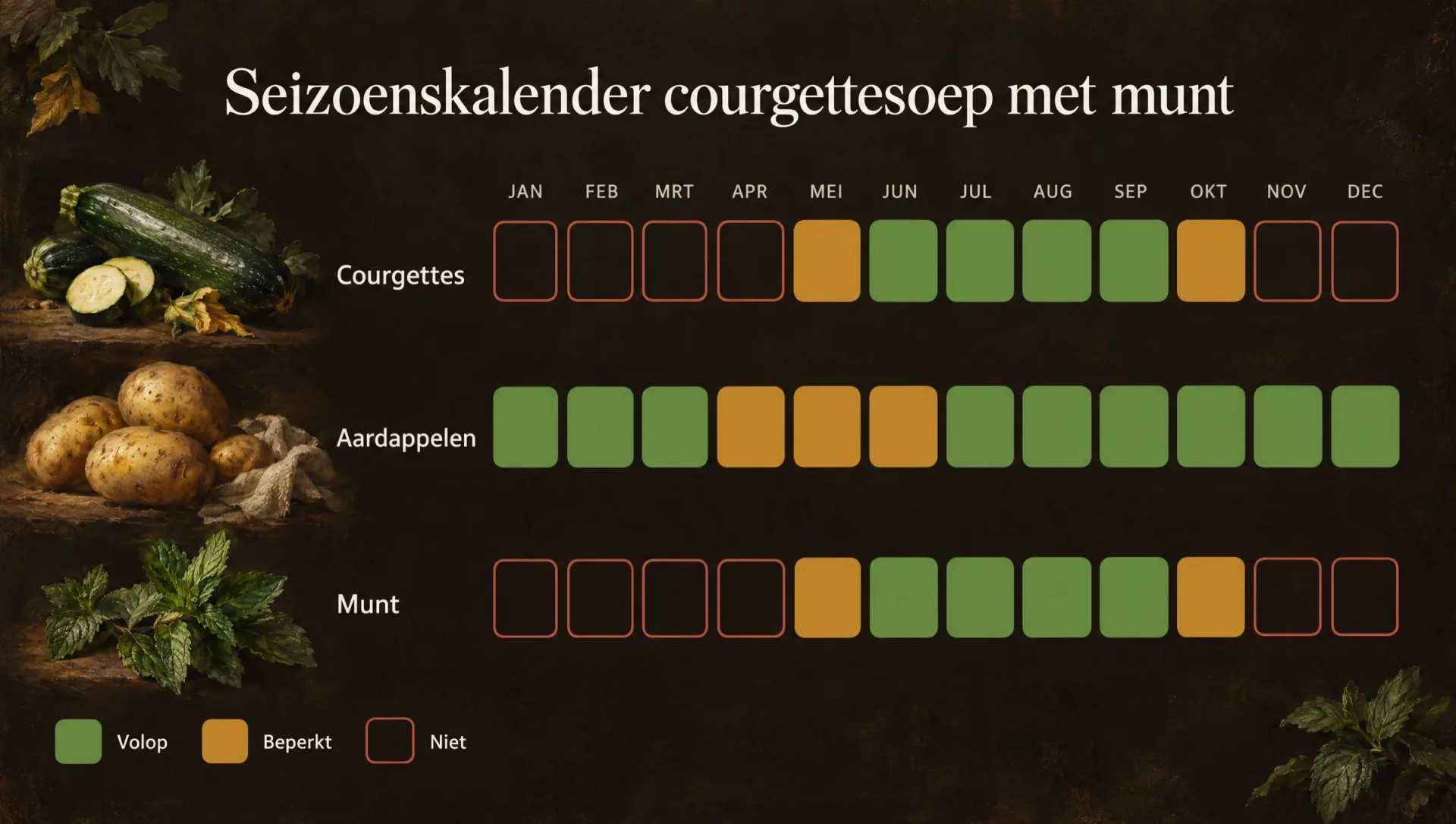 Seizoenskalender voor courgettesoep met munt: de maanden waarin courgettes, aardappelen en verse munt op de markt liggen