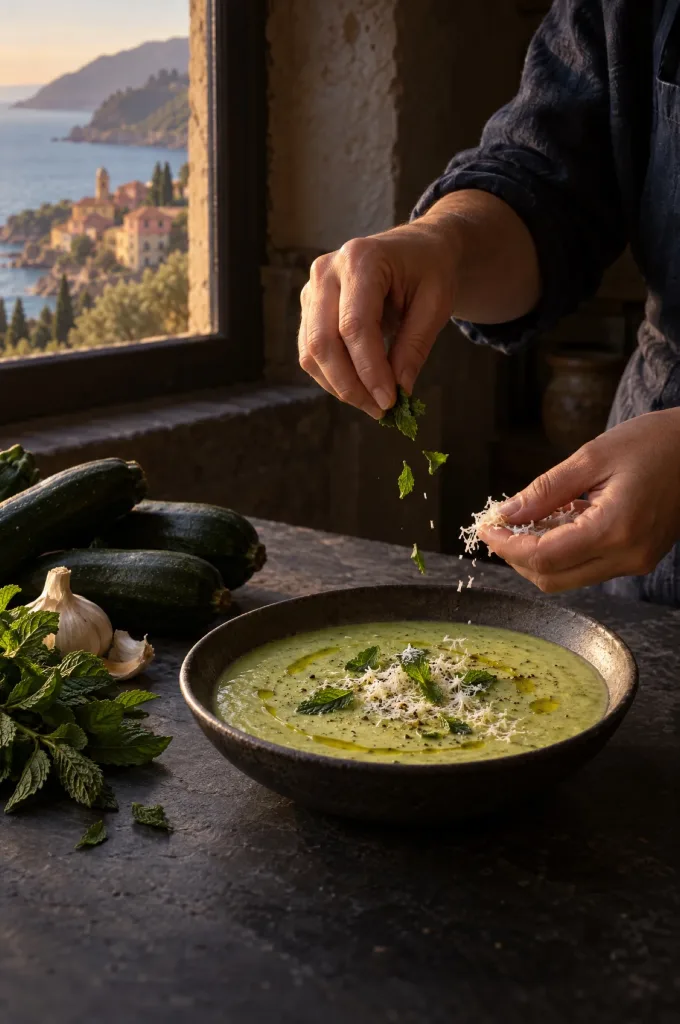Handen strooien munt en ricotta salata over een kom courgettesoep met munt in een Ligurische keuken