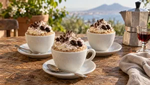 Coviglia napoletana in kleine kopjes met een toef room, koffiebonen in chocolade en geschaafde chocolade