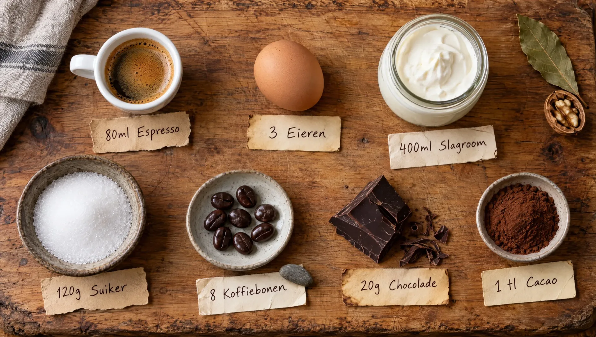 Ingrediënten voor coviglia napoletana: espresso, eieren, slagroom, suiker, koffiebonen in chocolade en pure chocolade