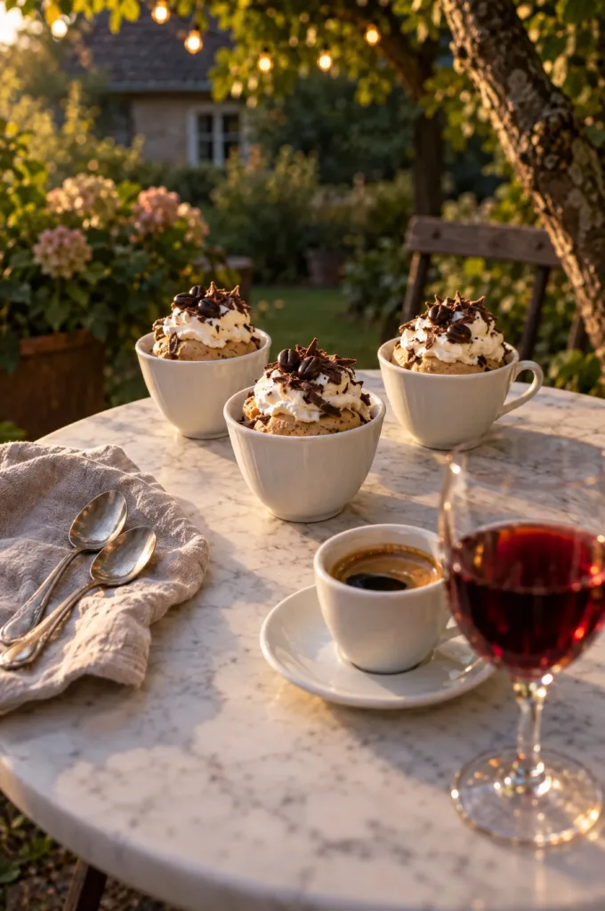 Coviglia napoletana in kleine kopjes op een marmeren tafeltje met een espresso en een glas dessertwijn