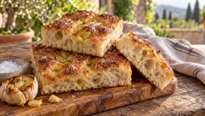 Focaccia met geroosterde knoflook in stukken op een houten plank, met grof zeezout en glanzende olijfolie in de kuiltjes
