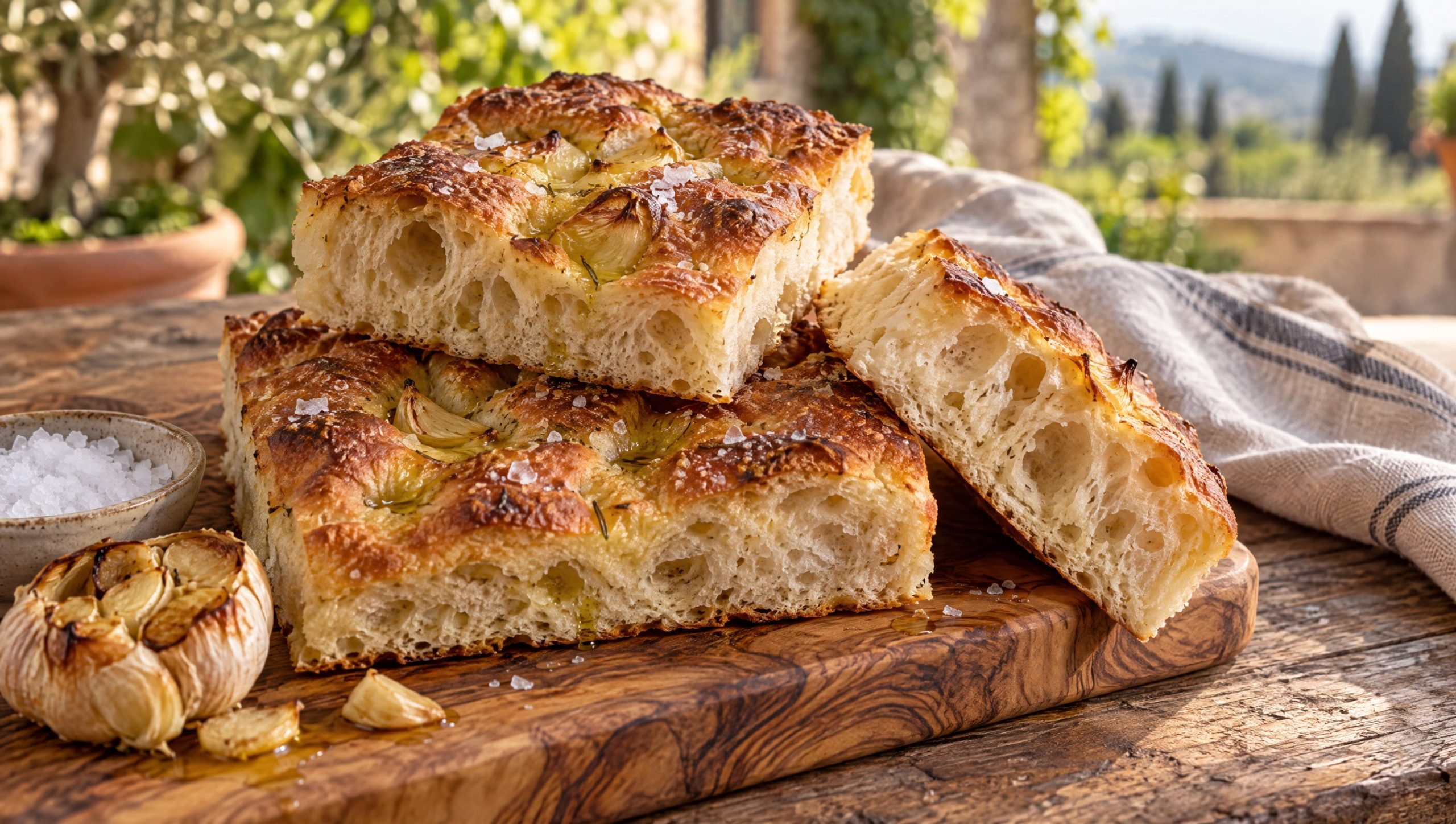 Focaccia met geroosterde knoflook in stukken op een houten plank, met grof zeezout en glanzende olijfolie in de kuiltjes
