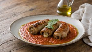 Involtini van kalfsvlees op een crème van geroosterde tomaten, afgemaakt met verse munt en olijfolie
