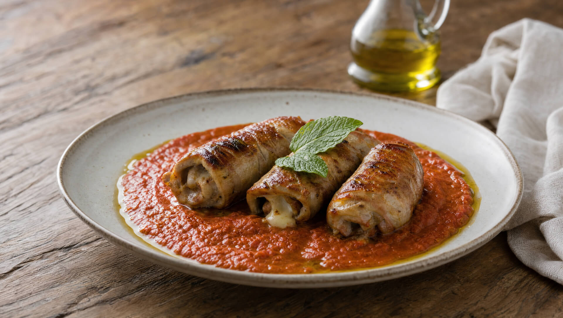 Involtini van kalfsvlees op een crème van geroosterde tomaten, afgemaakt met verse munt en olijfolie
