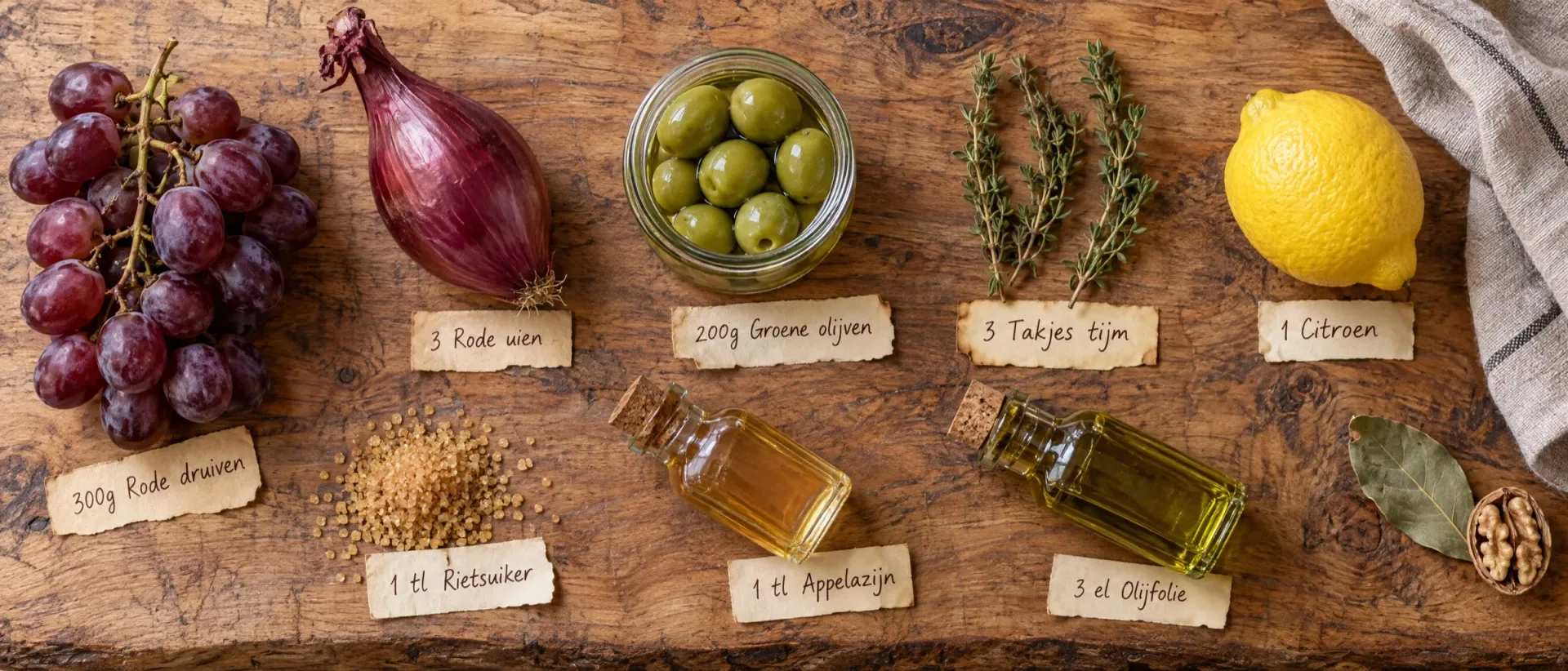 Ingrediënten voor geroosterde druiven met olijven en gekarameliseerde ui: rode druiven, rode uien, groene olijven, tijm, citroen, rietsuiker, appelazijn en olijfolie