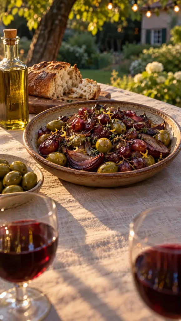 Tuintafel in avondlicht met een schaal geroosterde druiven met olijven en gekarameliseerde ui, brood, olijfolie en twee glazen rode wijn