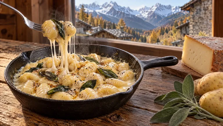 Gnocchi alla bava in een pannetje, draden gesmolten Fontina aan de vork, krokante salie en salieboter erover