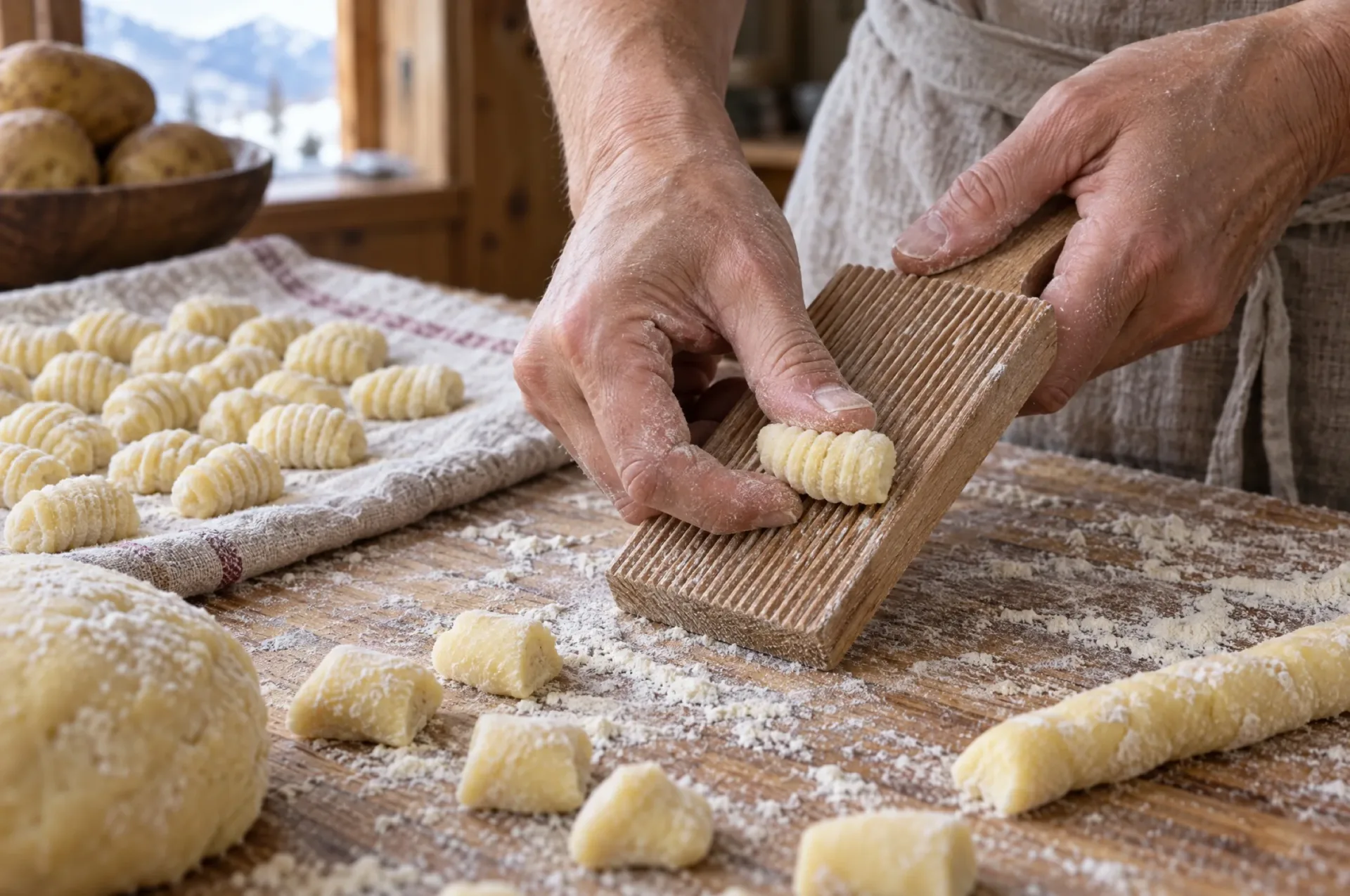 Handen rollen gnocchi over een gnocchiplankje voor gnocchi alla bava, met een bebloemde theedoek ernaast