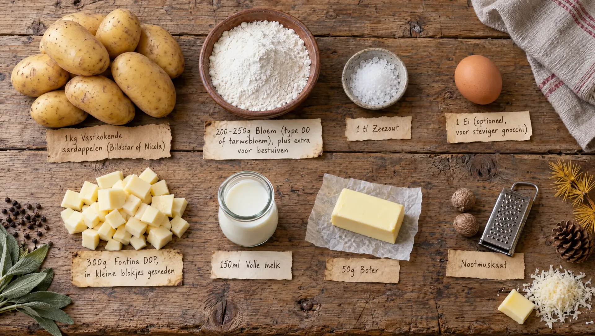 Ingrediënten voor gnocchi alla bava: aardappels, bloem, zeezout, ei, Fontina DOP, volle melk, boter en nootmuskaat