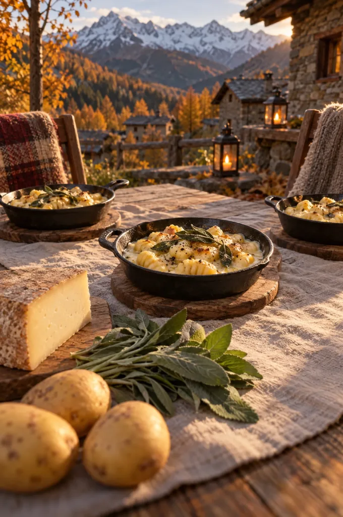 Tafel met pannetjes gnocchi alla bava en salieboter op een herfstavond in het Aostadal