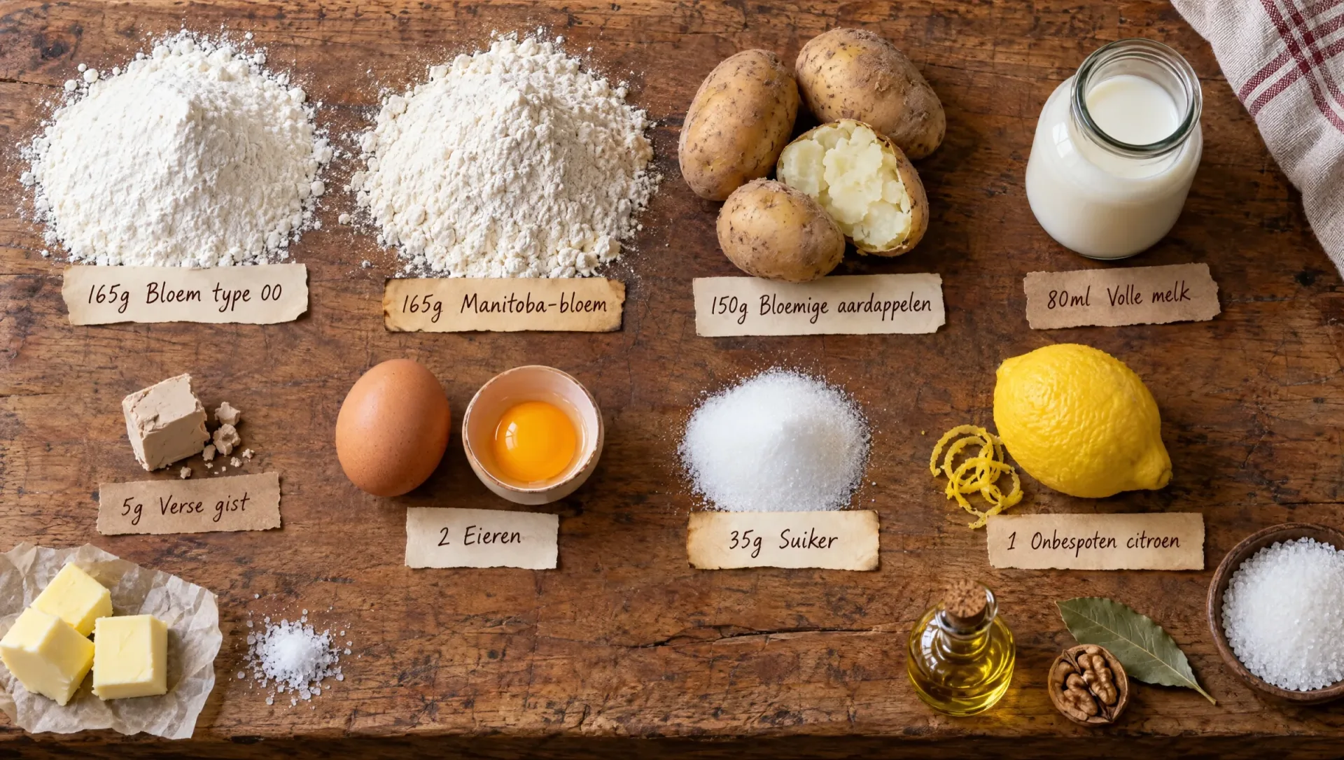 Ingrediënten voor graffe napoletane: bloem, gekookte aardappel, eieren, boter, verse gist, suiker en een citroen