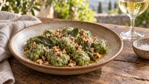 Bord groene broodgnocchi met spinazie, gebruinde salieboter, walnoten en Parmigiano op een houten tafel