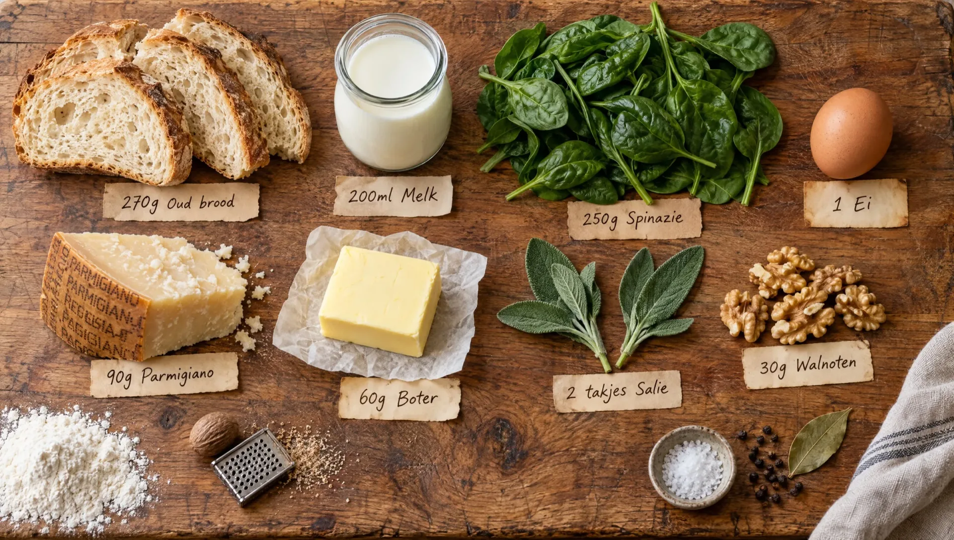 Ingrediënten voor groene broodgnocchi: oud brood, melk, spinazie, ei, Parmigiano, bloem, boter, salie en walnoten