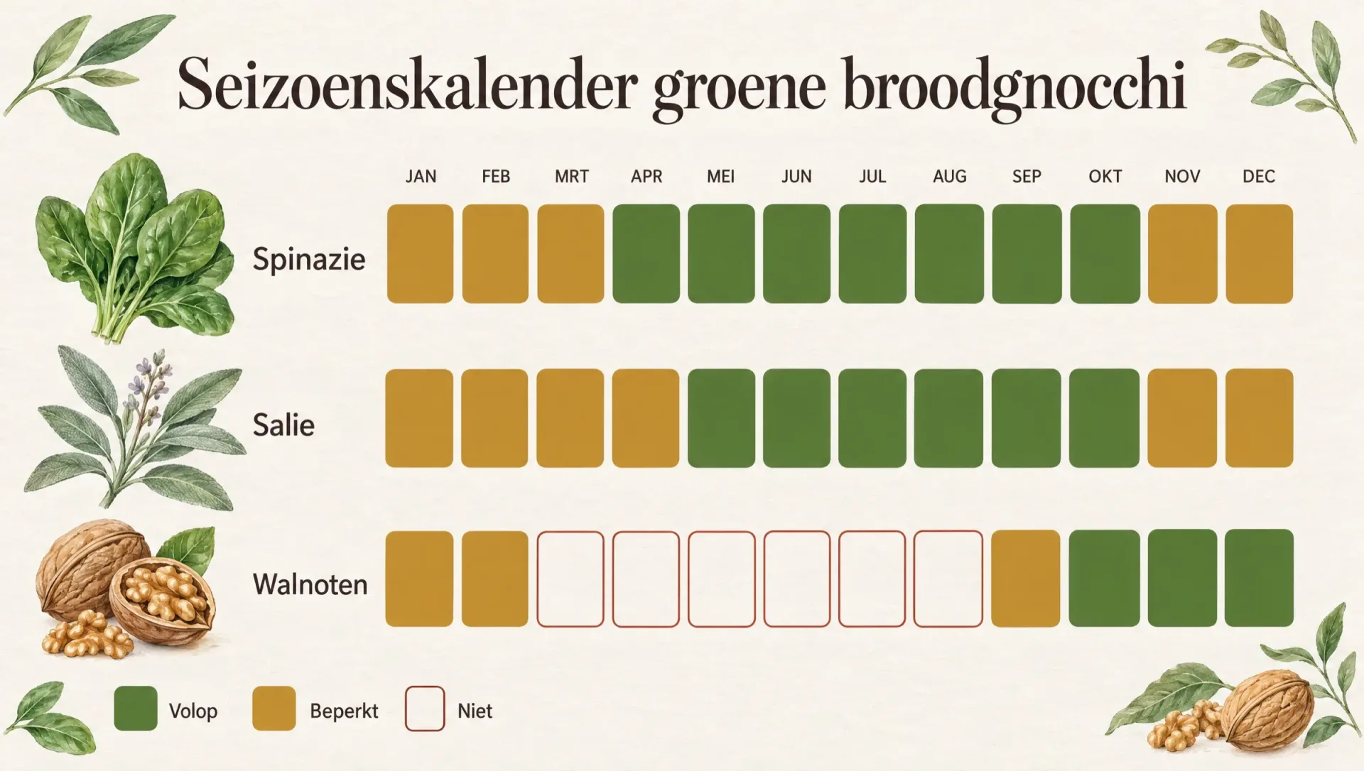 Seizoenskalender voor groene broodgnocchi: verse spinazie van april tot oktober, salie en walnoten in de herfst