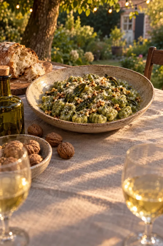 Groene broodgnocchi met salieboter en walnoten op een gedekte tuintafel in avondlicht, met twee glazen witte wijn