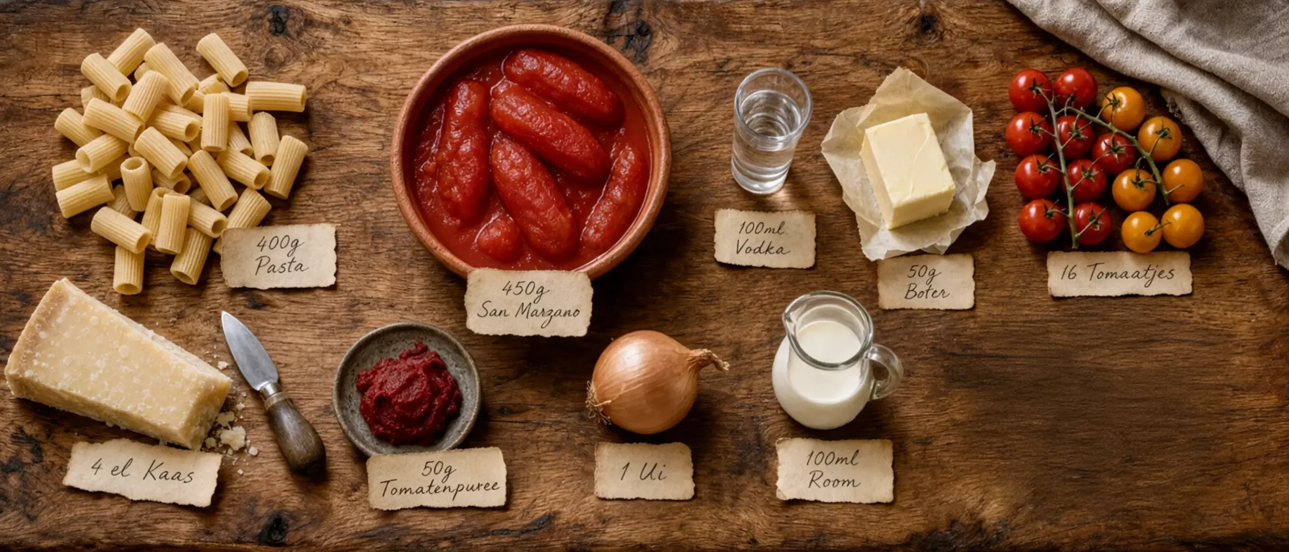 Ingrediënten voor romige wodkapasta op houten tafel