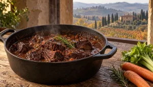 Italiaans stoofvlees in een gietijzeren pan op een houten tafel in Toscane in de herfst, met rauwe wortel, selderij en rozemarijn