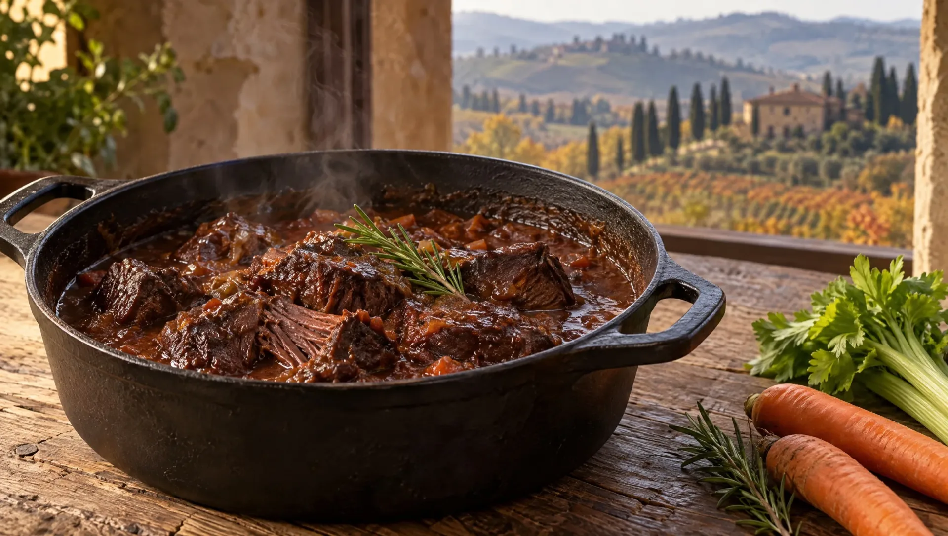 Italiaans stoofvlees in een gietijzeren pan op een houten tafel in Toscane in de herfst, met rauwe wortel, selderij en rozemarijn