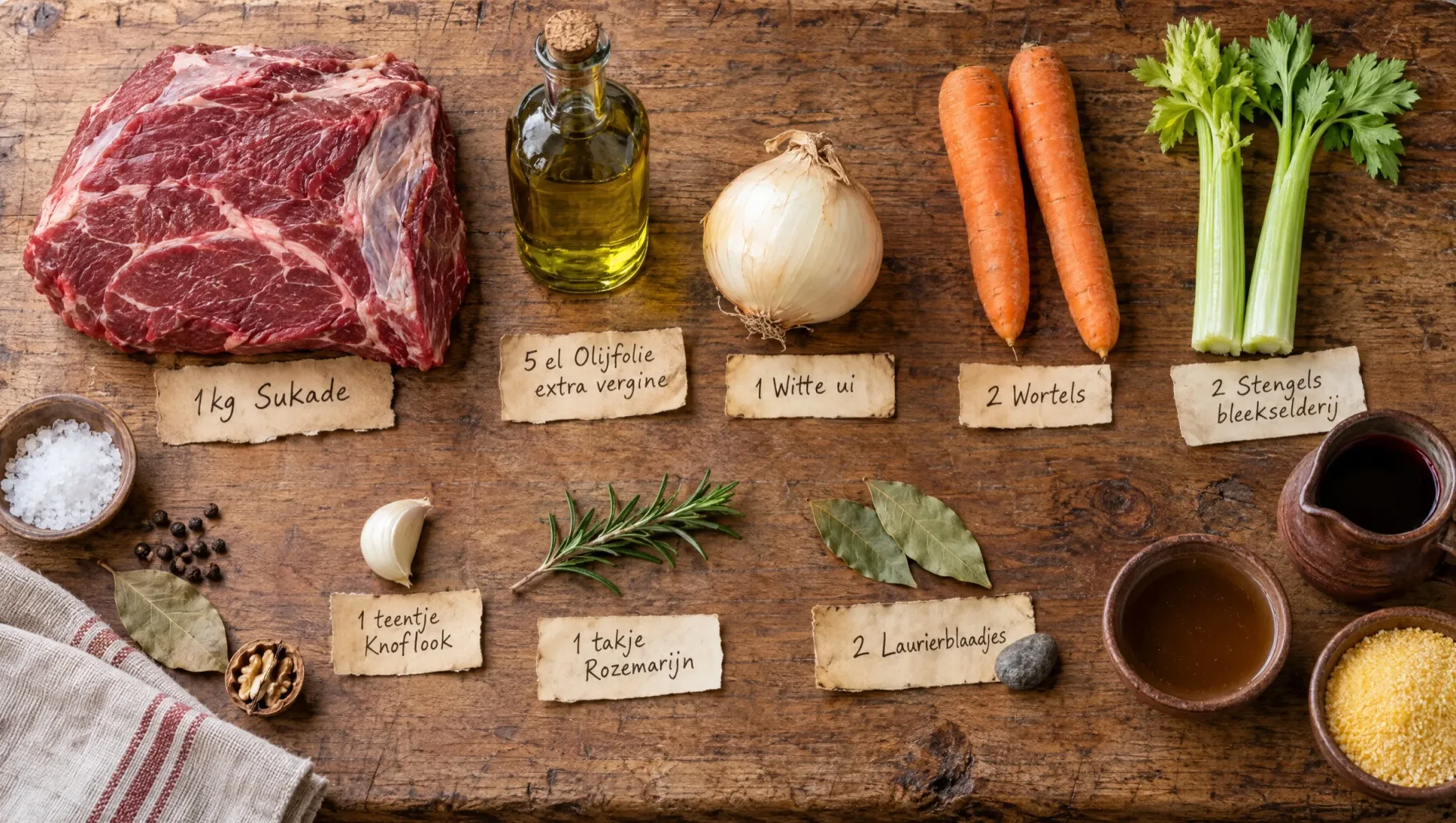 Ingrediënten voor Italiaans stoofvlees: rauwe sukade, rode wijn, wortel, bleekselderij, ui, knoflook, rozemarijn en laurier