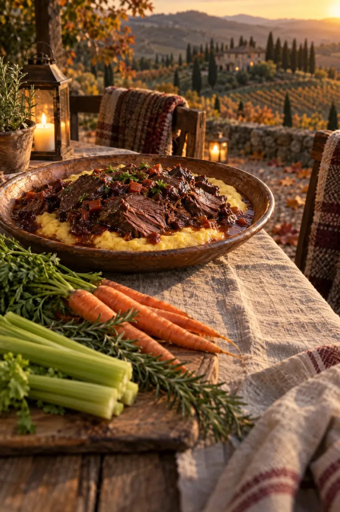 Italiaans stoofvlees met polenta op een gedekte tafel in Toscane in de herfst, met rauwe wortels, bleekselderij en rozemarijn