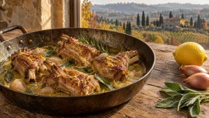 Kalfsribbetjes alla cacciatora in een sauteerpan met glanzende saus, salie en rozemarijn op een Toscaanse herfsttafel