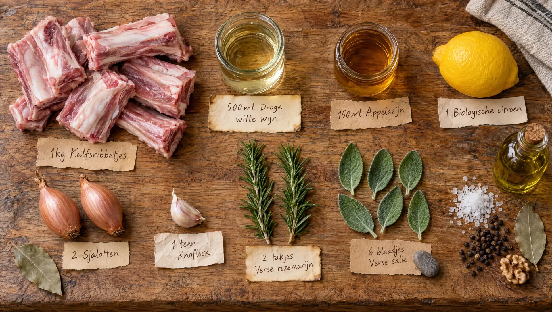 Ingrediënten voor kalfsribbetjes alla cacciatora: ribbetjes, witte wijn, appelazijn, citroen, sjalot, knoflook en salie
