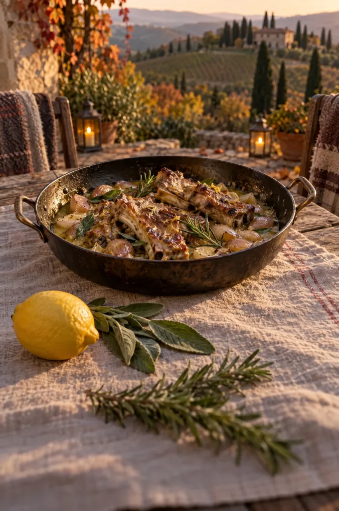 Kalfsribbetjes alla cacciatora in een sauteerpan op een Toscaanse herfsttafel met citroen, salie en rozemarijn