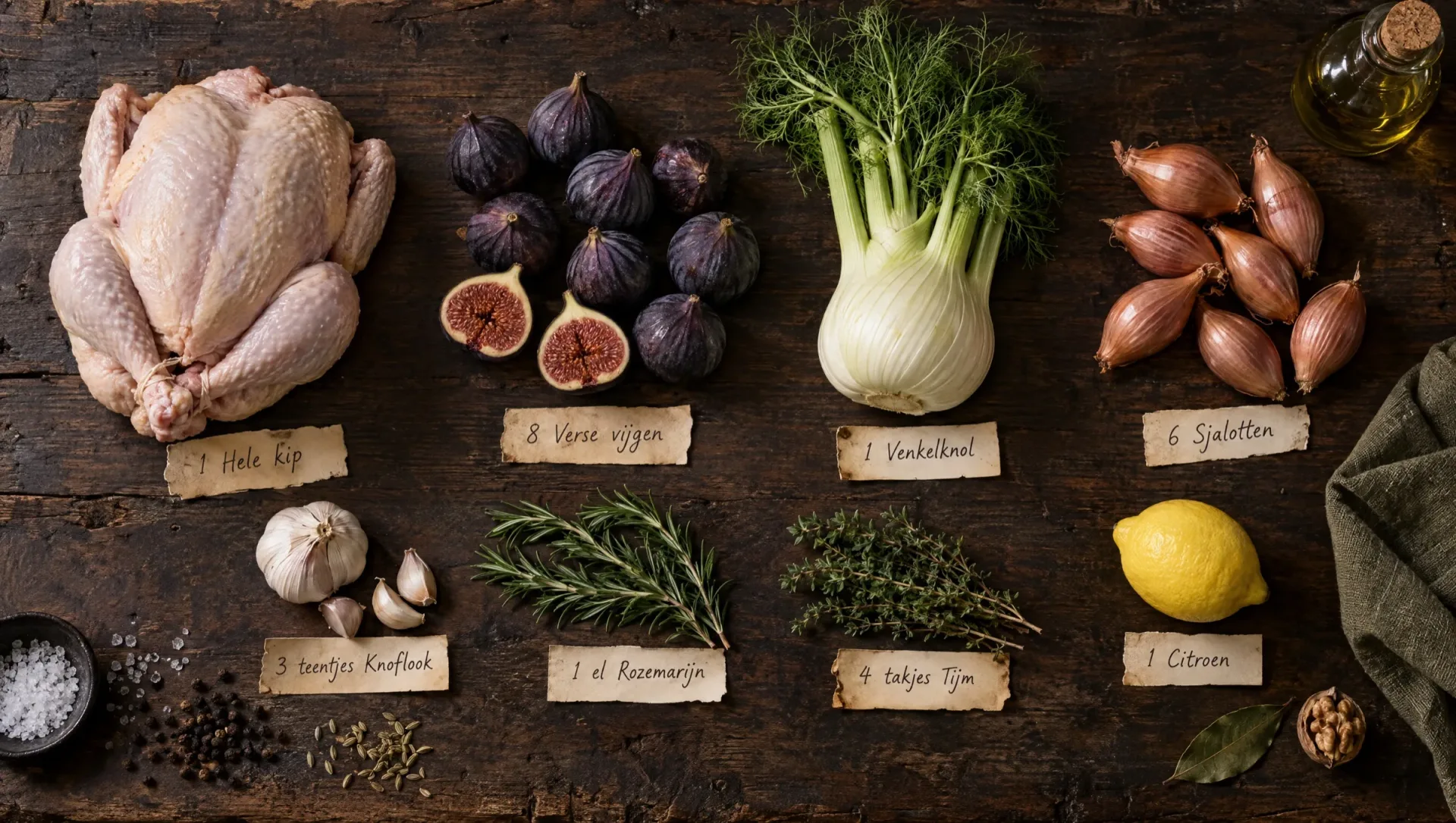 Ingrediënten voor kip met vijgen: hele kip, verse vijgen, venkelknol, sjalotten, knoflook, rozemarijn, tijm en citroen