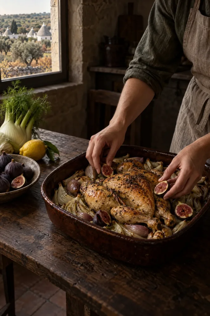 Handen van de kok leggen vijgen bij kip met vijgen in een donkere keuken bij het raam, met uitzicht op het land van Puglia