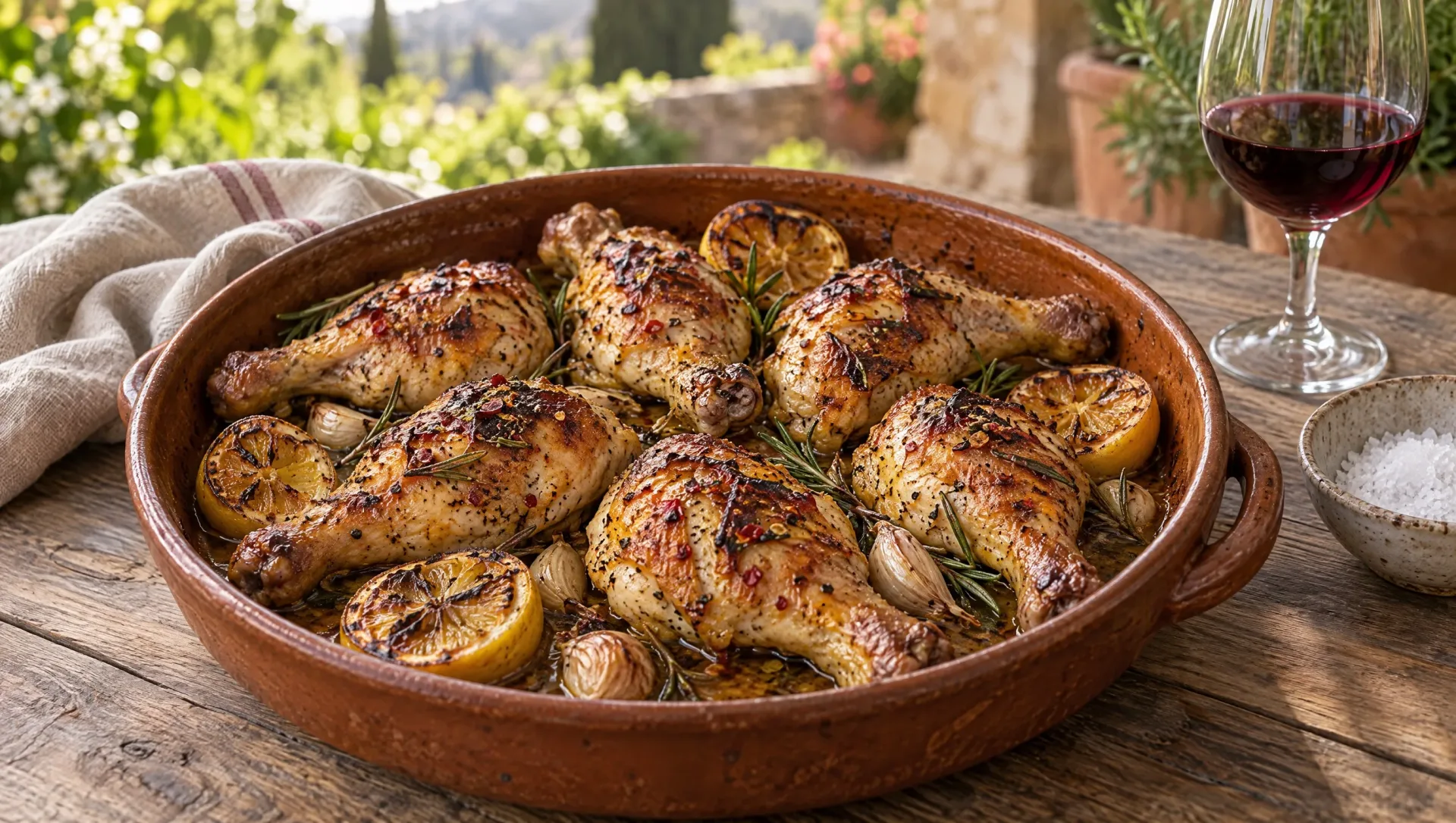 Kippenpoten alla diavola uit de oven met rozemarijn, citroen en peperoncino op een ovenrooster