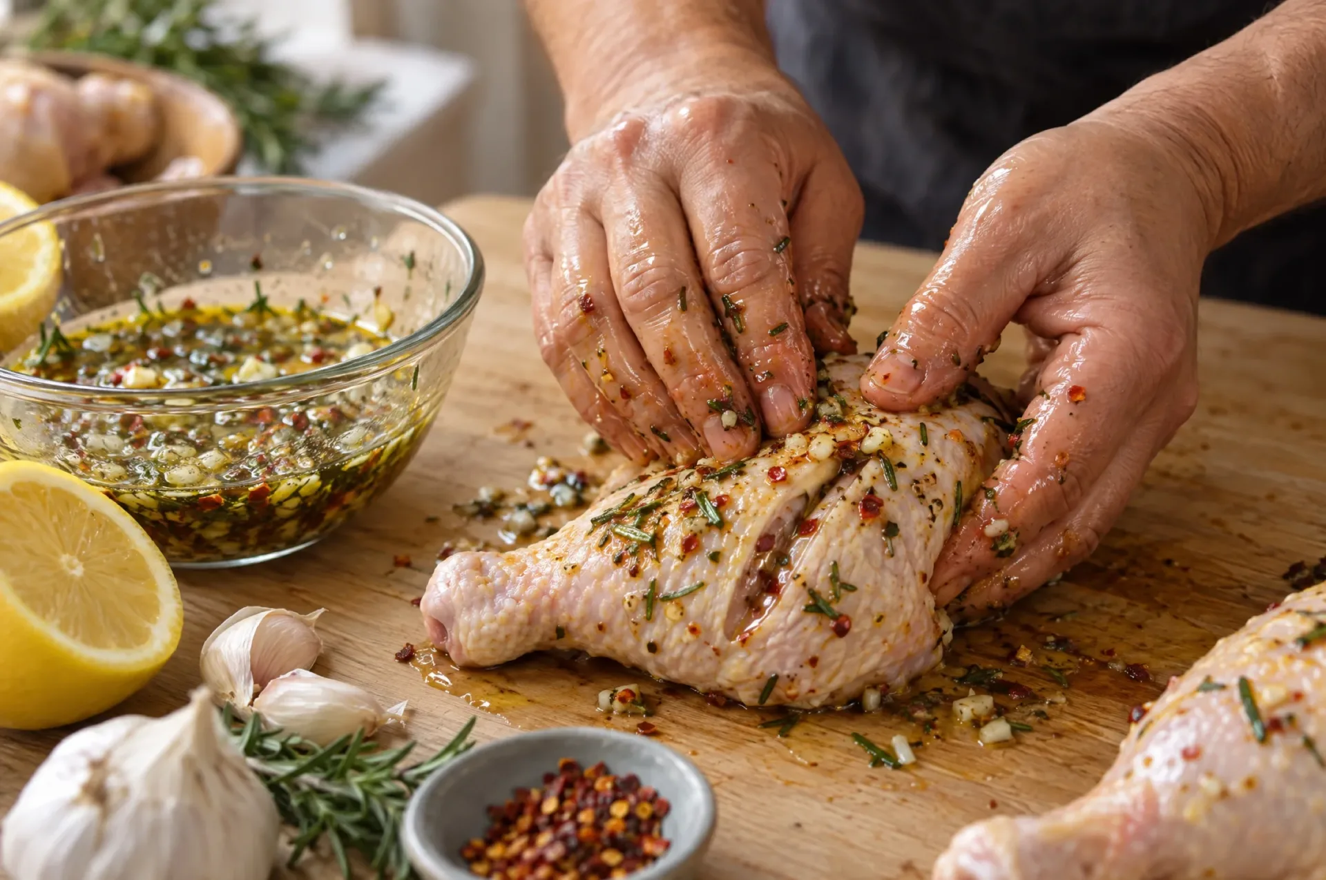 Handen wrijven de marinade van olijfolie, citroen, knoflook, rozemarijn en peperoncino in een ingesneden kippenpoot op een houten plank