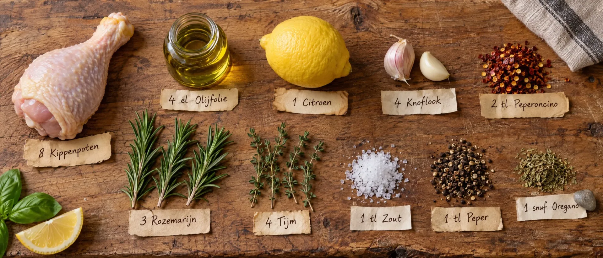 Ingrediënten voor kippenpoten alla diavola: kippenpoten, olijfolie, citroen, knoflook, peperoncino, rozemarijn, tijm, zout, peper en oregano