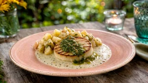 Gegrilde kaas met kruidenolie, romige saus en aardappelen
