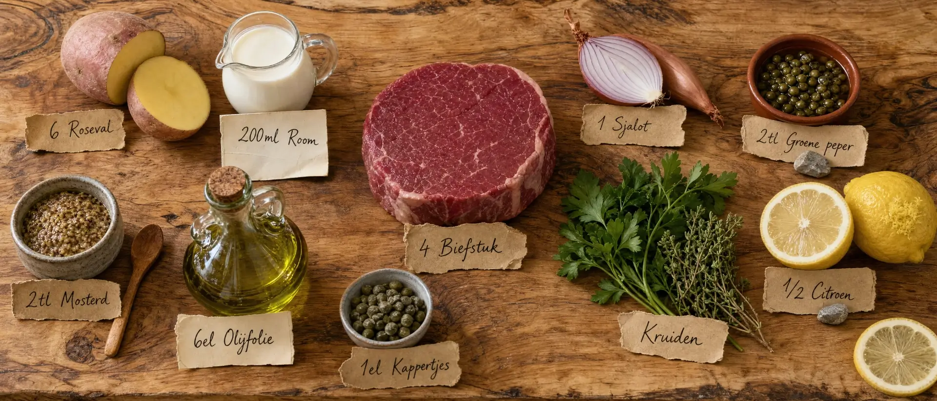 Ingrediënten voor biefstuk met groenepepersaus en rosevalaardappelen