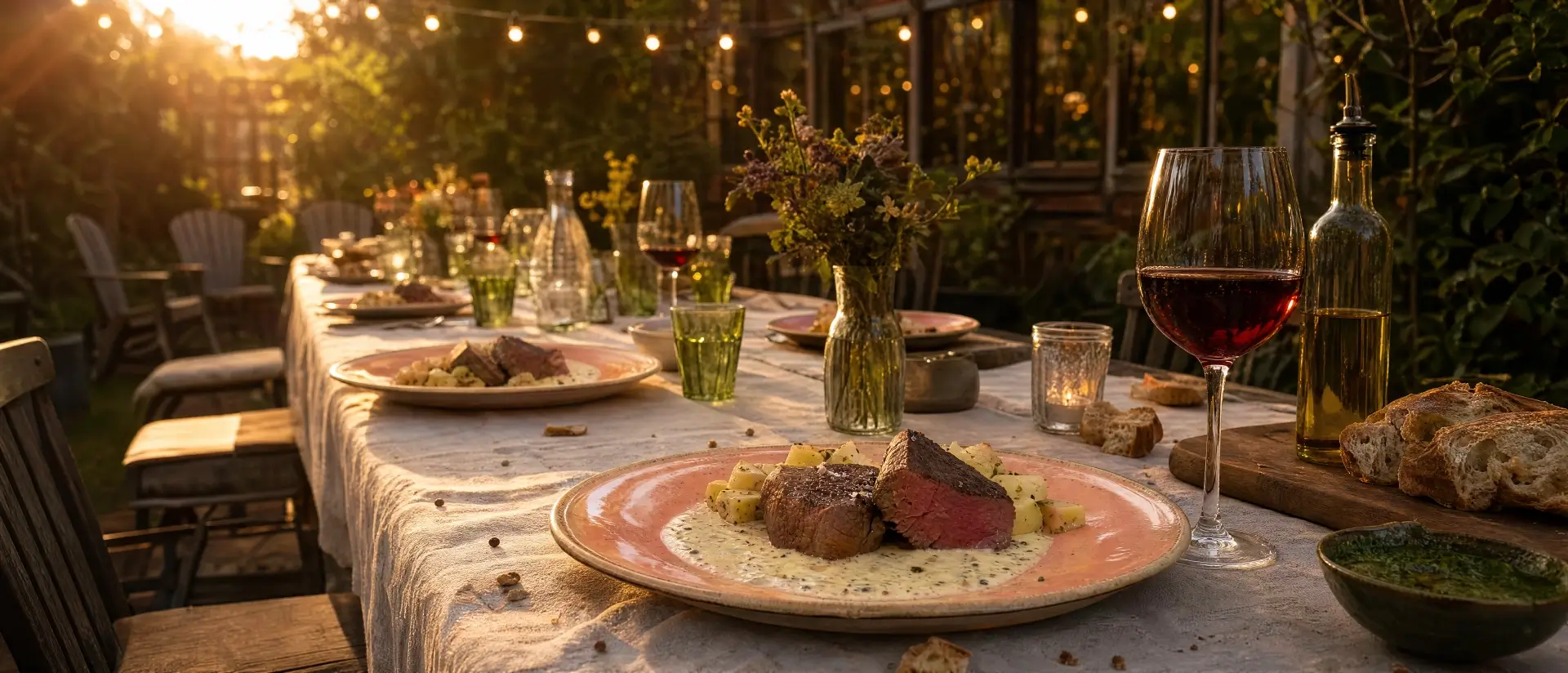 Gedekte tuintafel met steak, wijn en sfeerverlichting