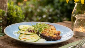 Gegrilde aubergine met courgette en kiemen op blauw bord