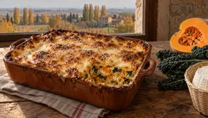 Lasagne met pompoen en cavolo nero in een ovenschaal op een herfsttafel in Emilia, met pompoen, palmkool en ricotta