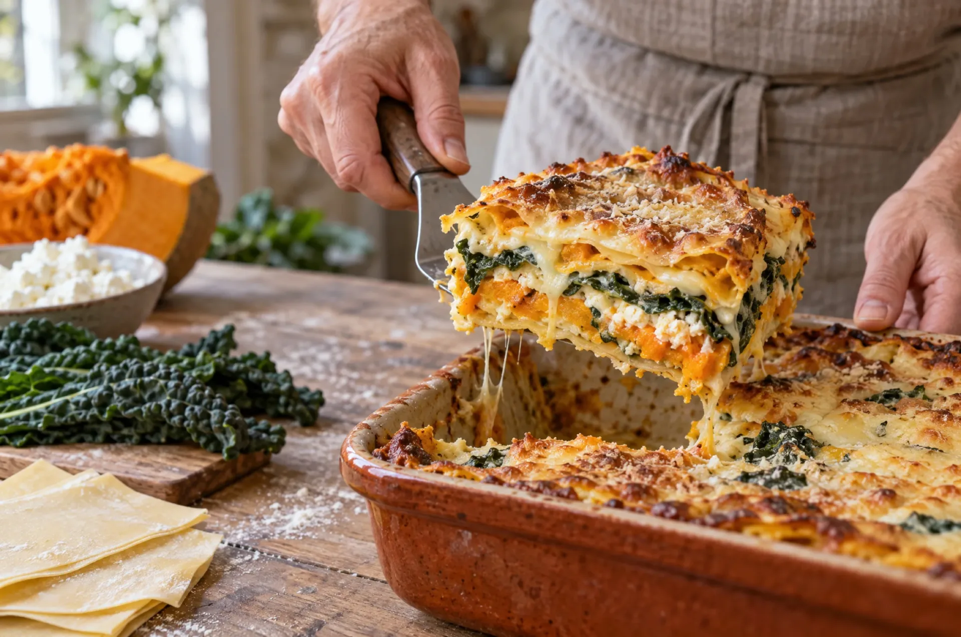 Doorgesneden lasagne met pompoen en cavolo nero: oranje pompoenlaag, donkergroene kool en bechamel tussen de bladen